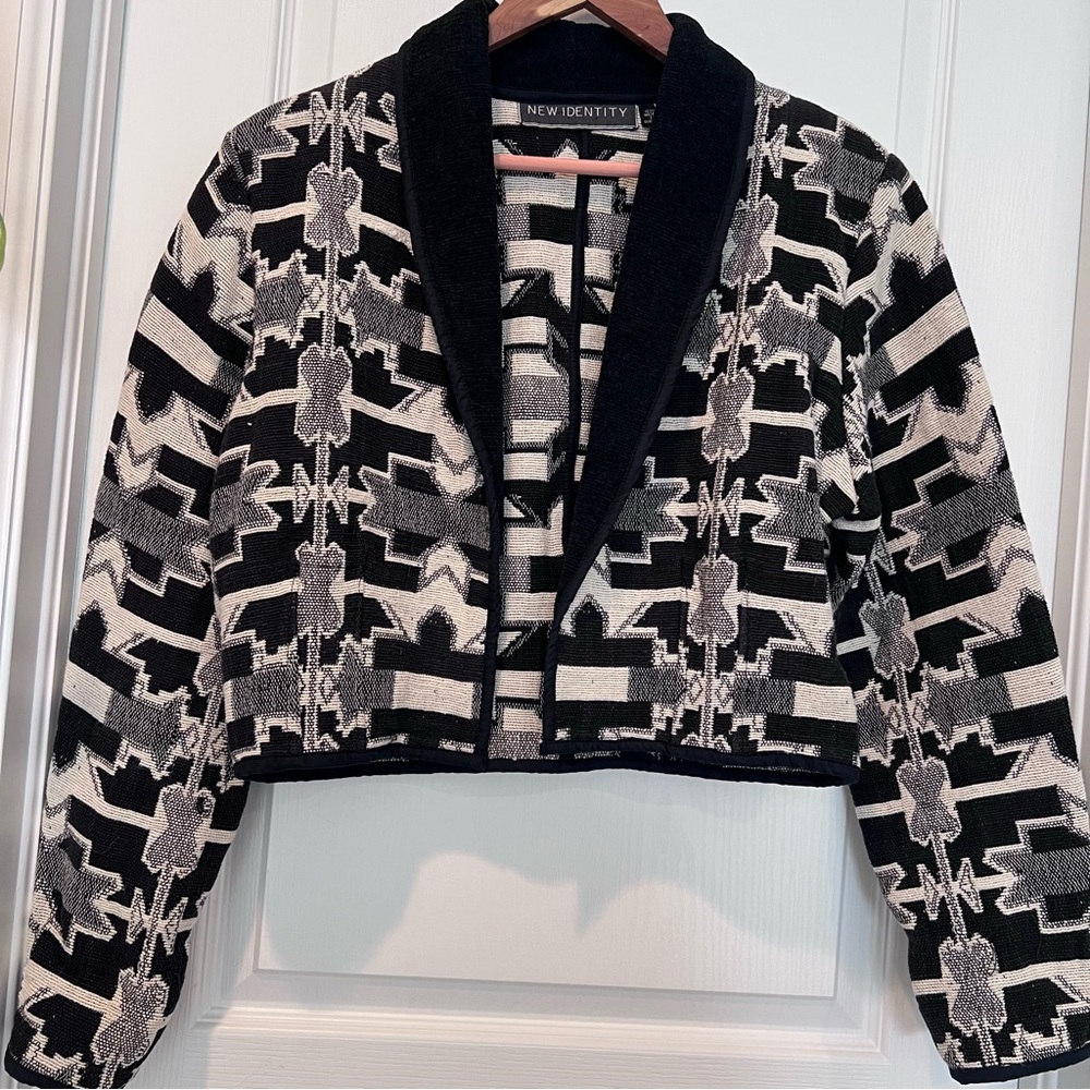 Vintage New Identity Black and White Tapestry Geometric Women's Blazer M